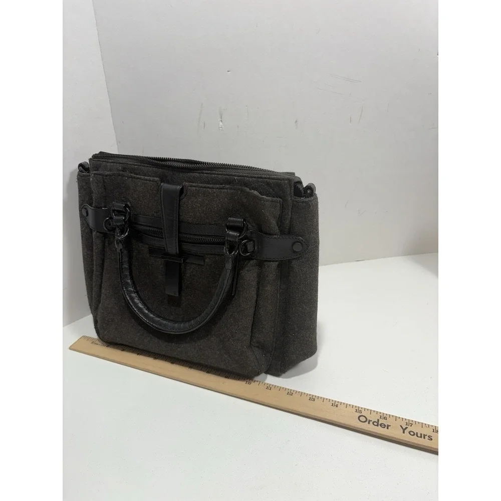 Elliott Lucca Black Gray Wool Satchel Purse Handles Shoulder Strap‎ Leather Trim
